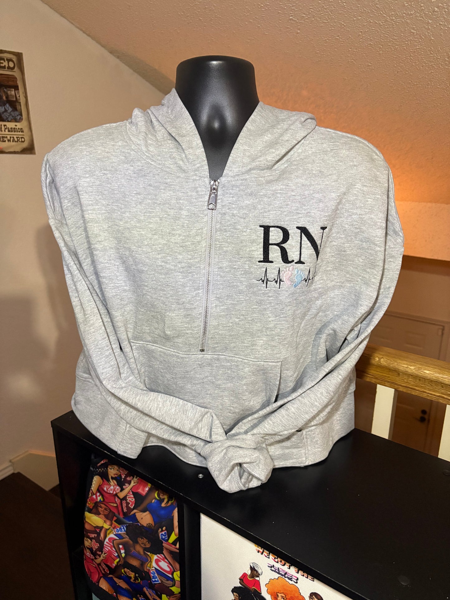 Quarter-zip cropped pullover sweatshirt with pocket and hood or collar